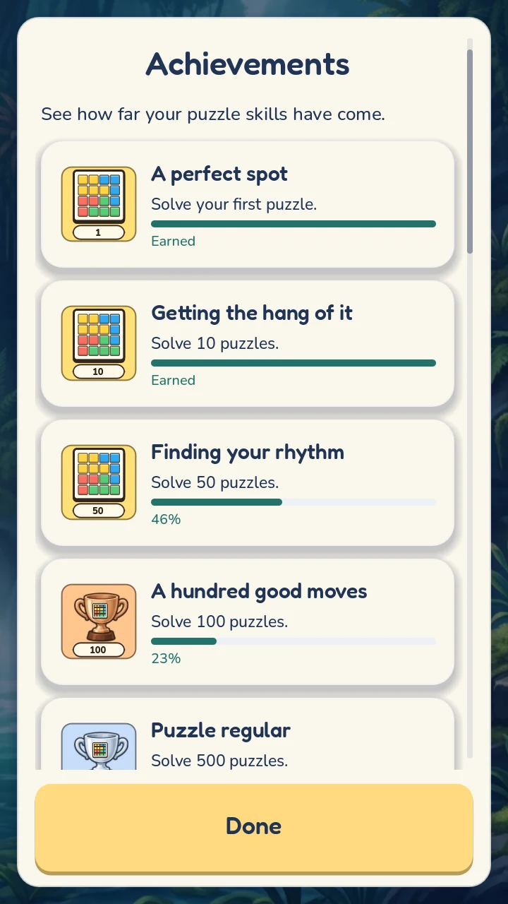 See how far you've come: the achievements screen in Monodoku