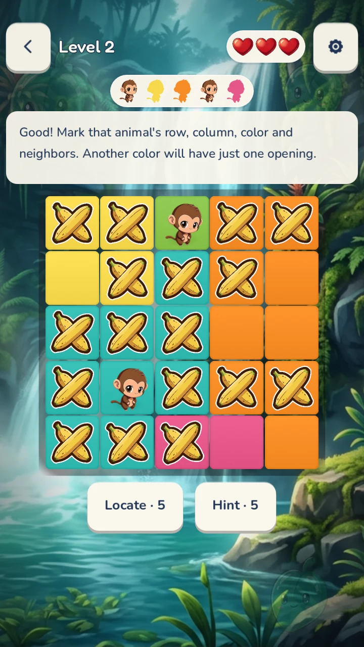Safari theme: a monkey and crossed bananas show the first deductions on a five-by-five board