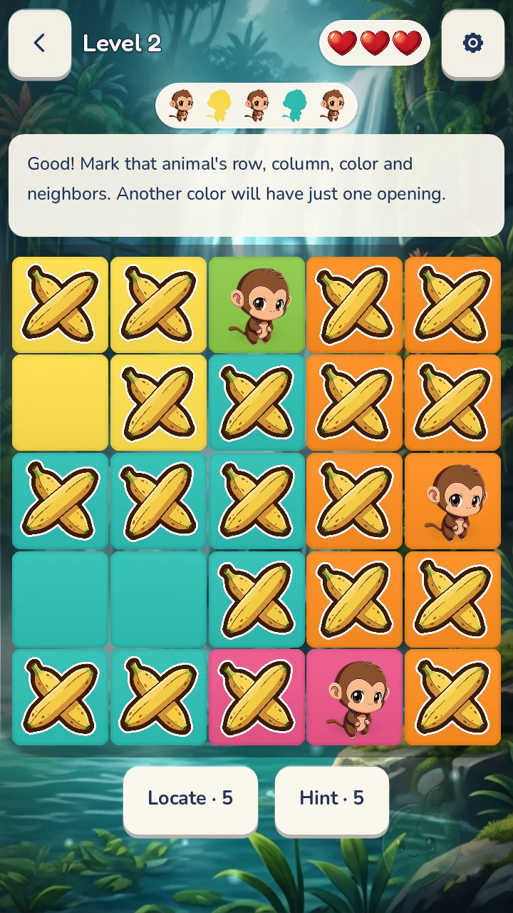 Safari: three monkeys and elimination marks on a five-by-five puzzle